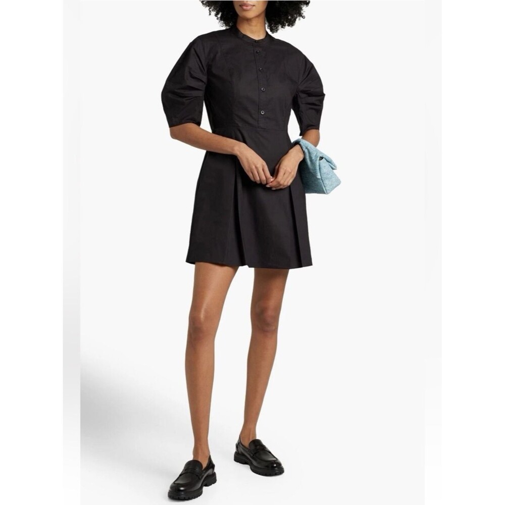 FRAME Black Organic Cotton Pleated Poplin Puff Sleeve Mini Dress Size Medium